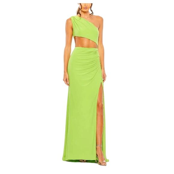 NWT MAC DUGGAL Green ONE SHOULDER CUT OUT RUCHED BACK Long GOWN 55975 size 2 - Picture 3 of 12